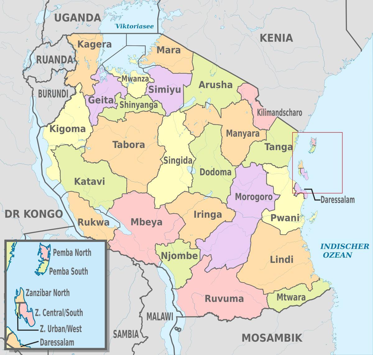 карта Танзаніі з указаннем рэгіёнаў і раёнаў