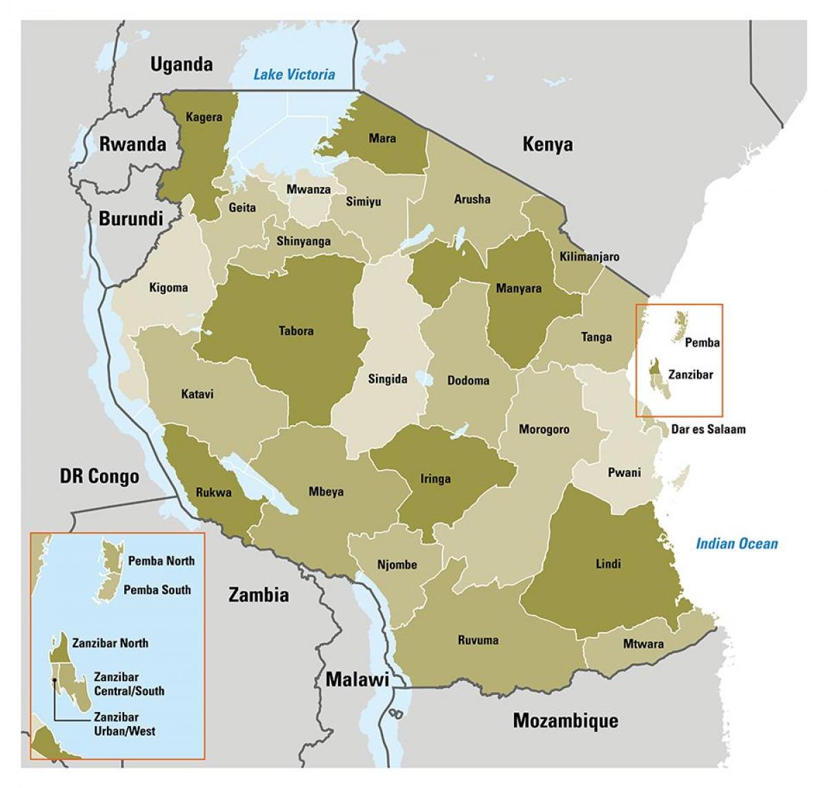 карта Танзаніі паказвае рэгіёнах