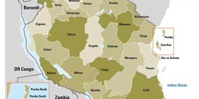 Карта Танзаніі паказвае рэгіёнах