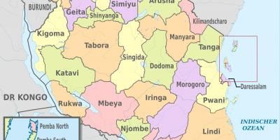 Карта Танзаніі з новымі рэгіёнамі