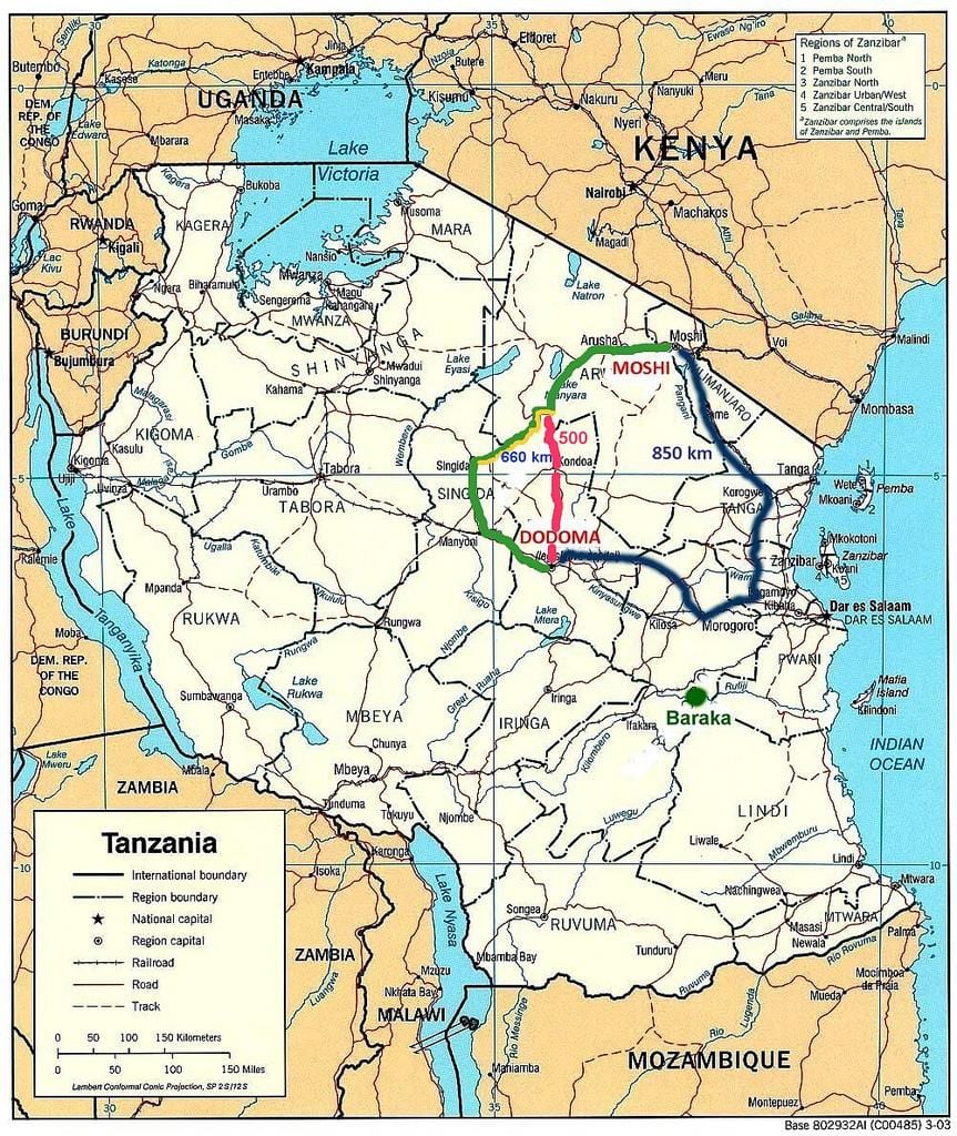 дарожная сетка Танзаніі на карце
