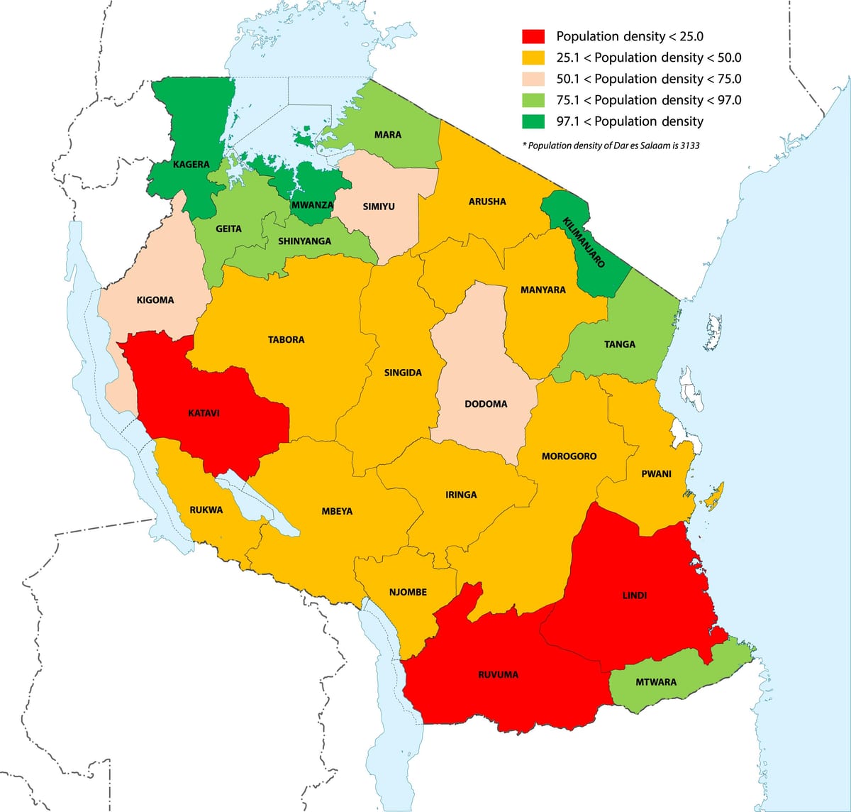 шчыльнасць насельніцтва Танзаніі на карце