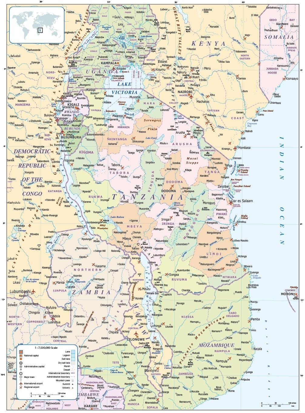 карта Танзаніі і суседніх краінах