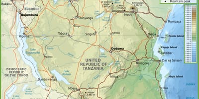 Карта дарог Танзаніі з адлегласці