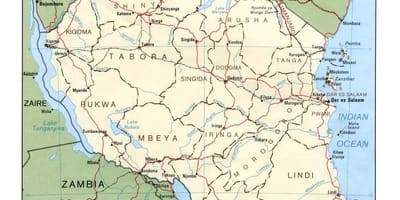 Карта гістарычных месцаў у Танзаніі
