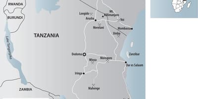 Карта залатых руднікоў ў Танзаніі 