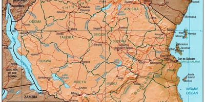 Карта Танзаніі паказвае гістарычныя сайты